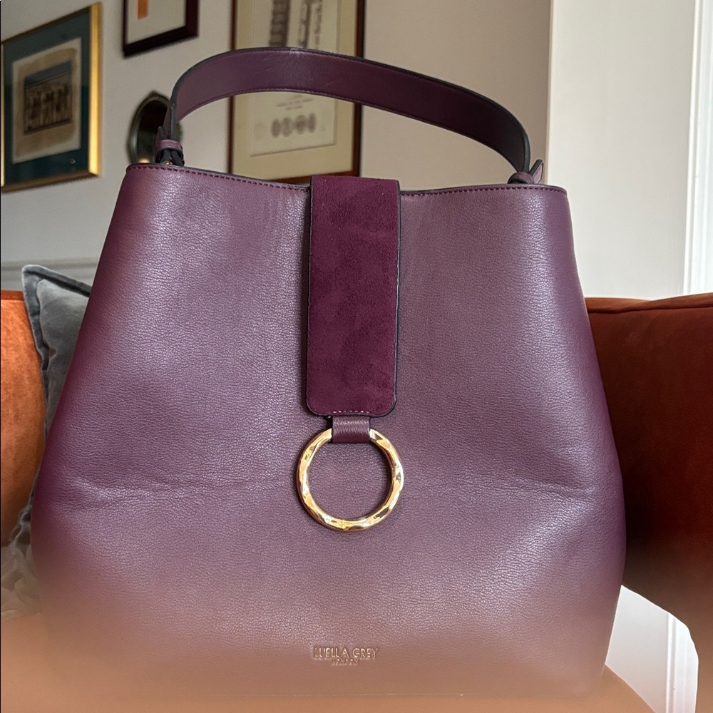 Luella Grey London Handbag Hobo Shoulder Bucket Bag Purple Faux Leather Footed